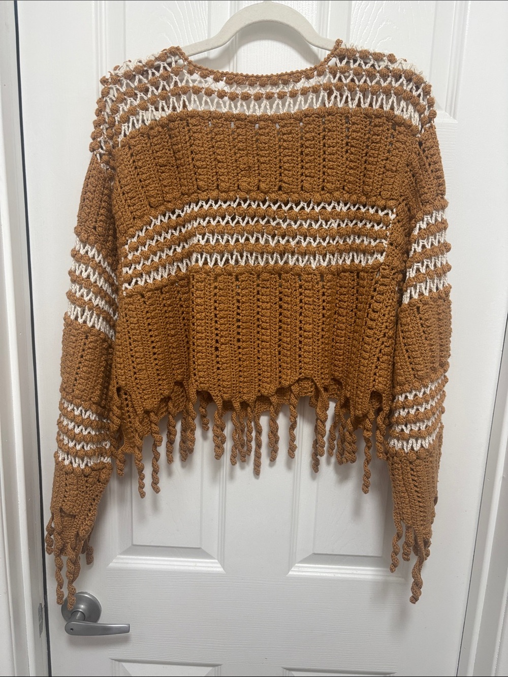 Zara special edition Rust Brown Crochet Fringe Sweater with White Accents - Picture 2 of 5